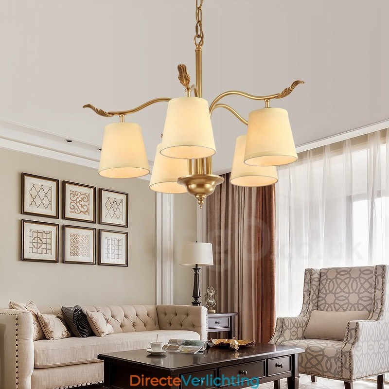 5-lichts retro rustieke luxe messing hanglamp kroonluchter met stoffen kap