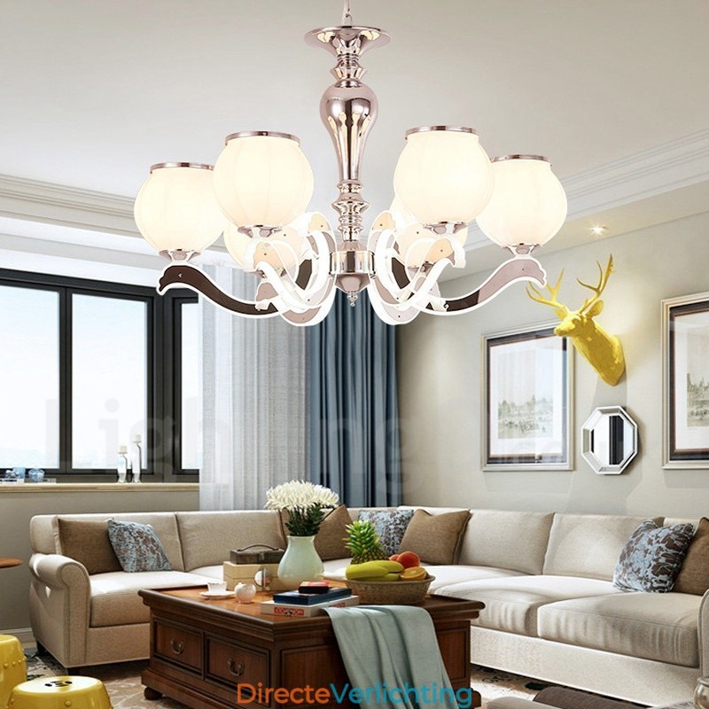 6-lichts moderne, eigentijdse luxe hanglamp kroonluchter met glazen kap