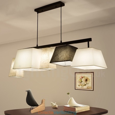 Moderne, eigentijdse hanglamp van staal met 5 lampen en stoffen kap Moderne, eigentijdse hanglamp van staal met 5 lampen en stoffen kap