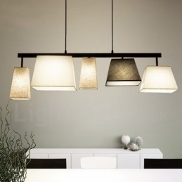 Moderne, eigentijdse hanglamp van staal met 5 lampen en stoffen kap