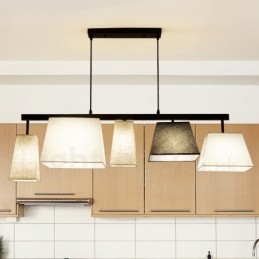 Moderne, eigentijdse hanglamp van staal met 5 lampen en stoffen kap