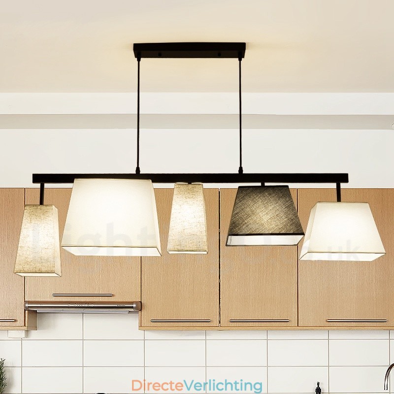 Moderne, eigentijdse hanglamp van staal met 5 lampen en stoffen kap