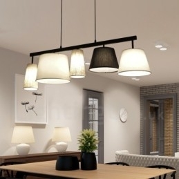 Moderne, eigentijdse hanglamp van staal met 5 lampen en stoffen kap