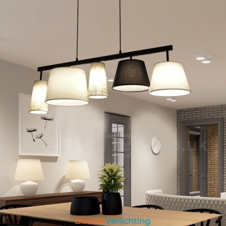 Moderne, eigentijdse hanglamp van staal met 5 lampen en stoffen kap Moderne, eigentijdse hanglamp van staal met 5 lampen en stoffen kap