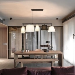 Moderne, eigentijdse hanglamp van staal met 5 lampen en stoffen kap