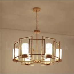 Moderne, eigentijdse hanglamp van messing met 6 lampen en glazen kap