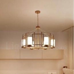 Moderne, eigentijdse hanglamp van messing met 6 lampen en glazen kap