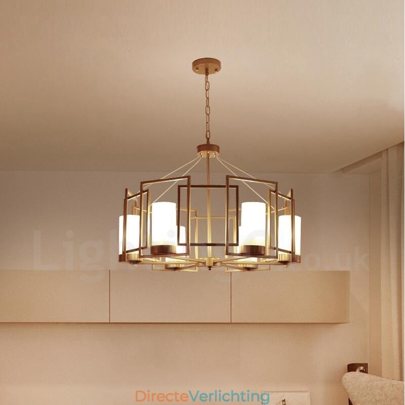Moderne, eigentijdse hanglamp van messing met 6 lampen en glazen kap