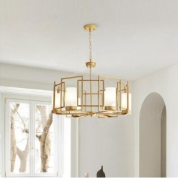 Moderne, eigentijdse hanglamp van messing met 6 lampen en glazen kap