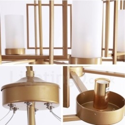 Moderne, eigentijdse hanglamp van messing met 6 lampen en glazen kap