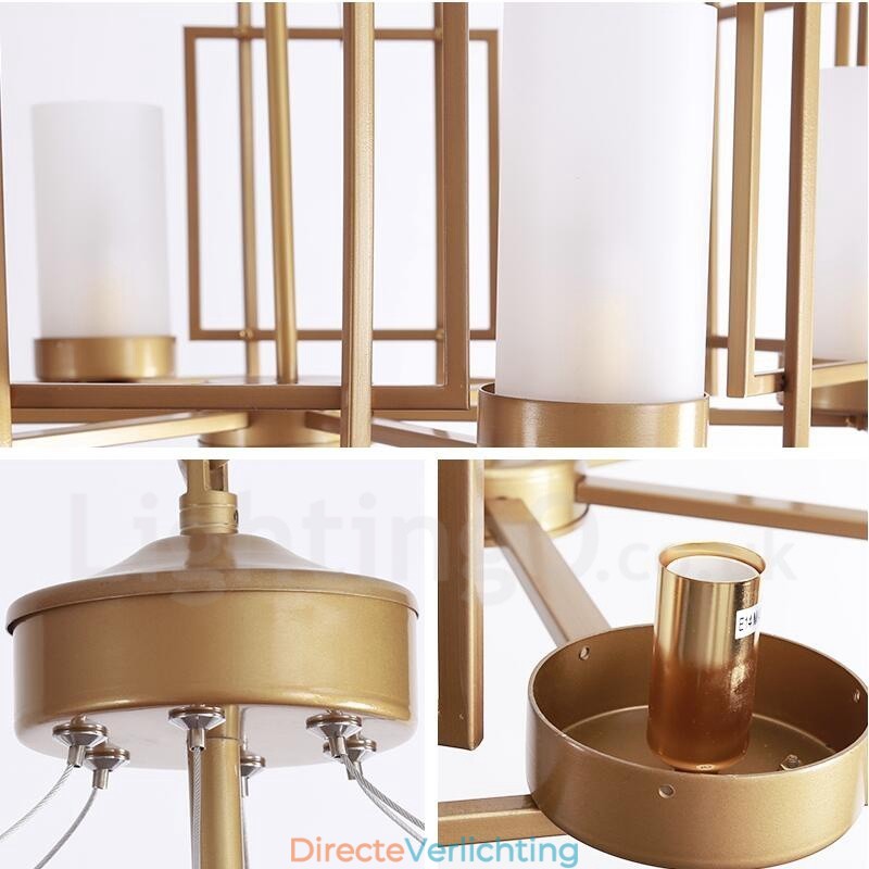Moderne, eigentijdse hanglamp van messing met 6 lampen en glazen kap
