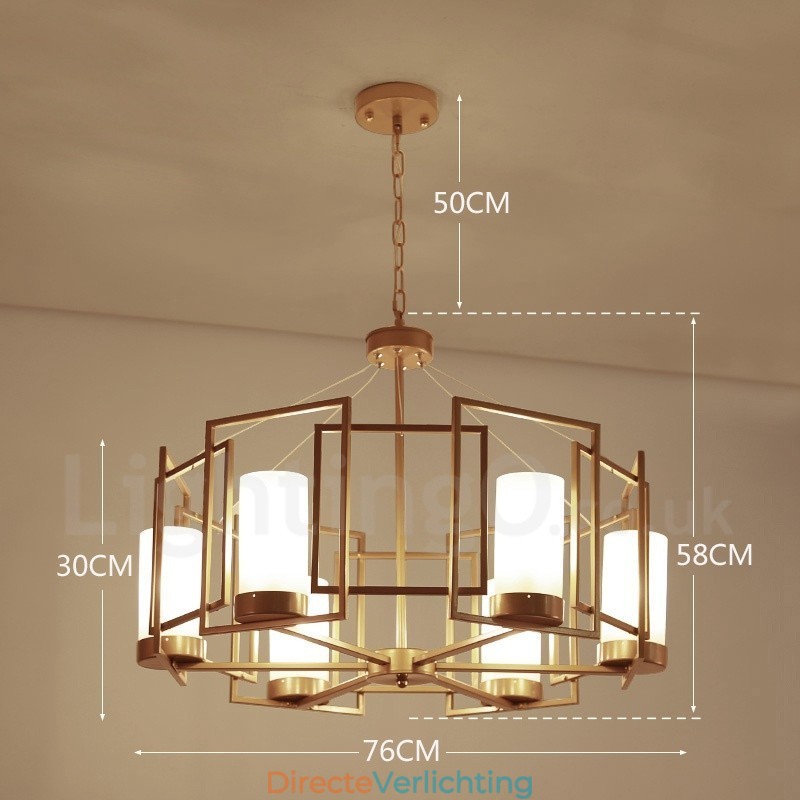 Moderne, eigentijdse hanglamp van messing met 6 lampen en glazen kap
