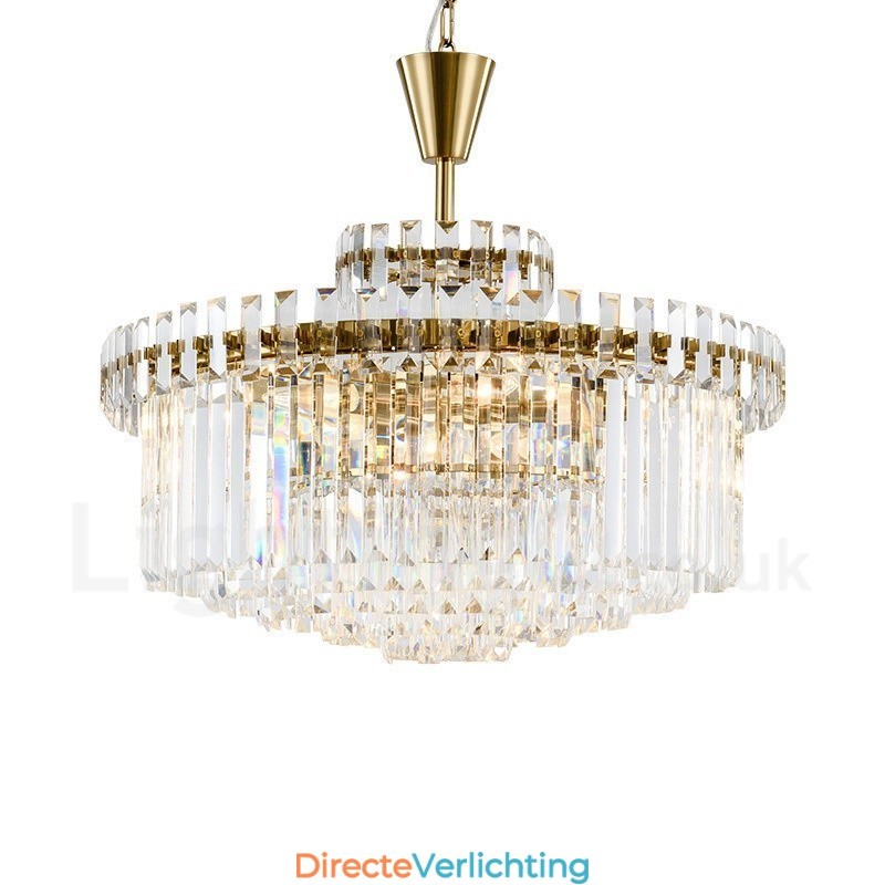 Moderne, eigentijdse 9-lichts stalen hanglamp met kristallen kap