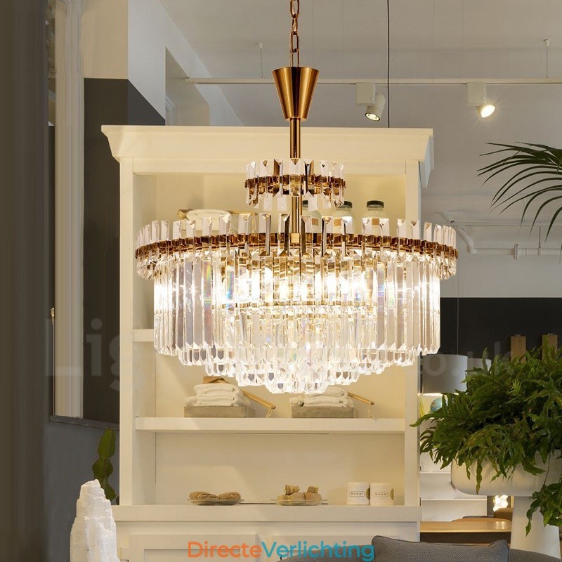Moderne, eigentijdse 9-lichts stalen hanglamp met kristallen kap