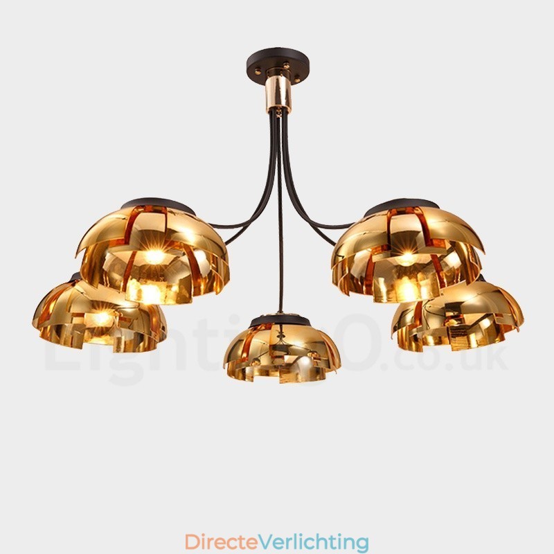 Moderne eigentijdse 5-lichts stalen kroonluchter met acryl kap