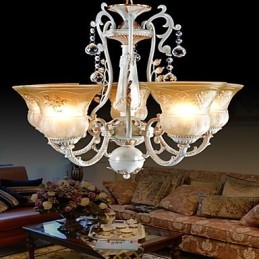 Witte kroonluchter met vijf lampen, patroon, glazen kap, handverguld, Europees retro klassiek