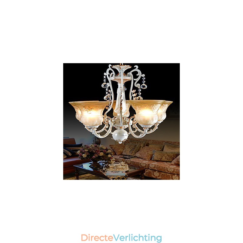 Witte kroonluchter met vijf lampen, patroon, glazen kap, handverguld, Europees retro klassiek