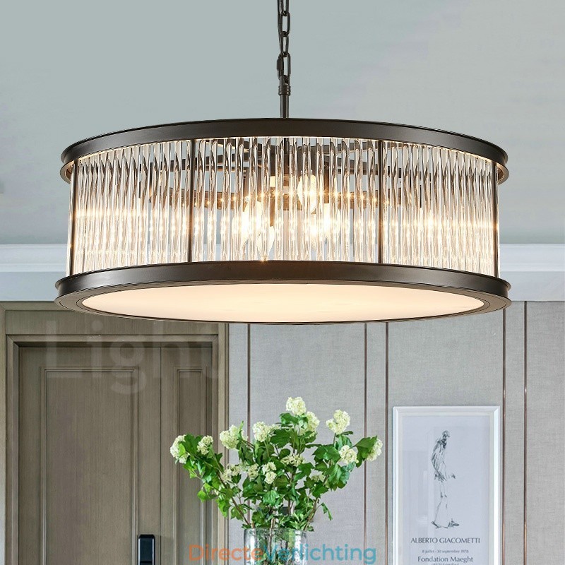 Moderne, eigentijdse hanglamp van staal met 8 lampen en een kap van kristalacryl