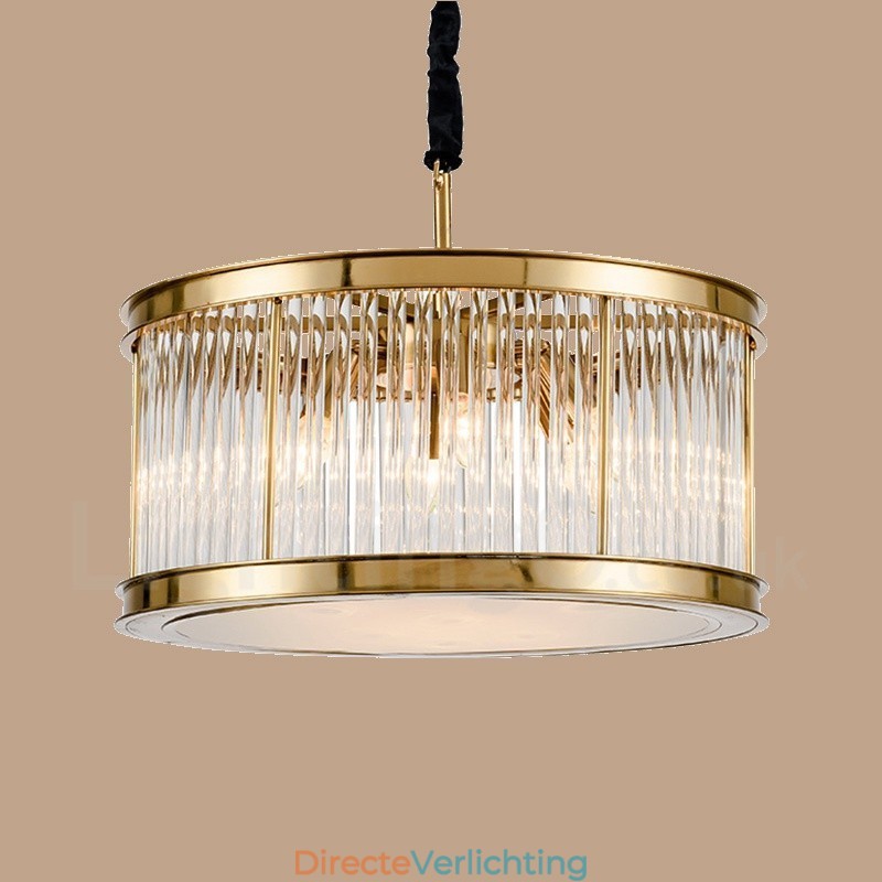 Moderne, eigentijdse hanglamp van staal met 8 lampen en een kap van kristalacryl