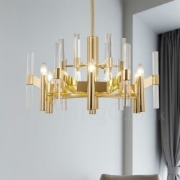Moderne, eigentijdse 8-lichts metalen kroonluchter met kristallen kap
