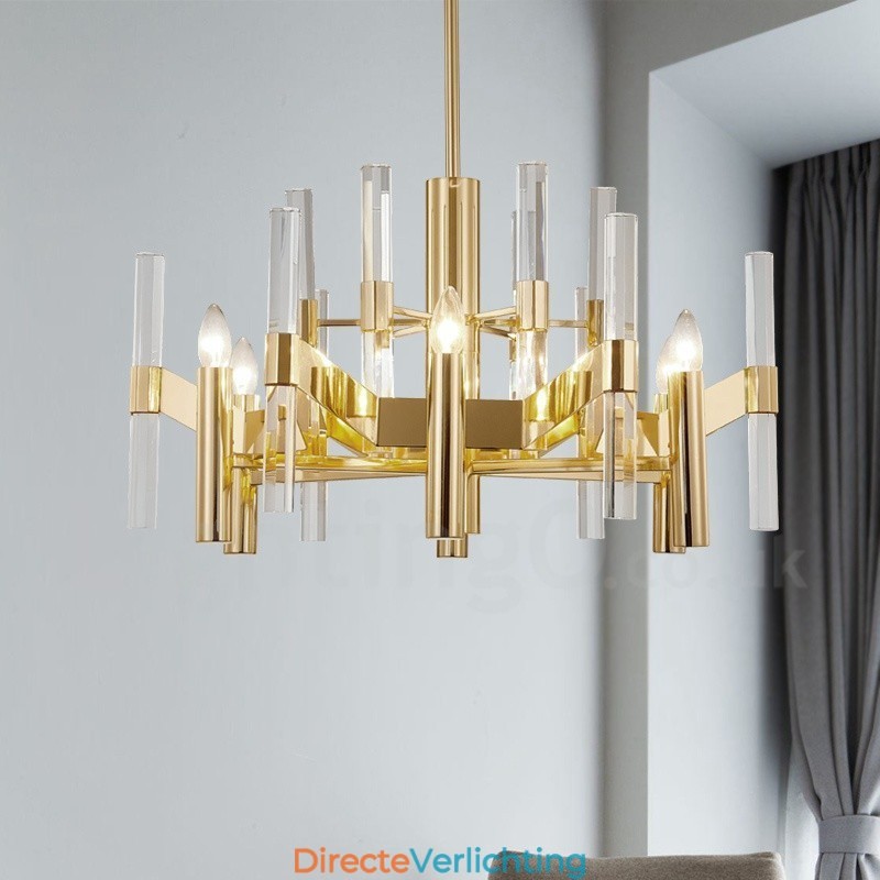 Moderne, eigentijdse 8-lichts metalen kroonluchter met kristallen kap