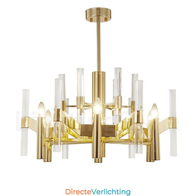 Moderne, eigentijdse 8-lichts metalen kroonluchter met kristallen kap