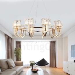 Moderne, eigentijdse hanglamp van staal met 10 lampen en kristallen kap