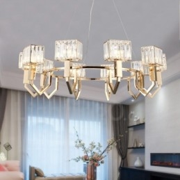 Moderne, eigentijdse hanglamp van staal met 10 lampen en kristallen kap