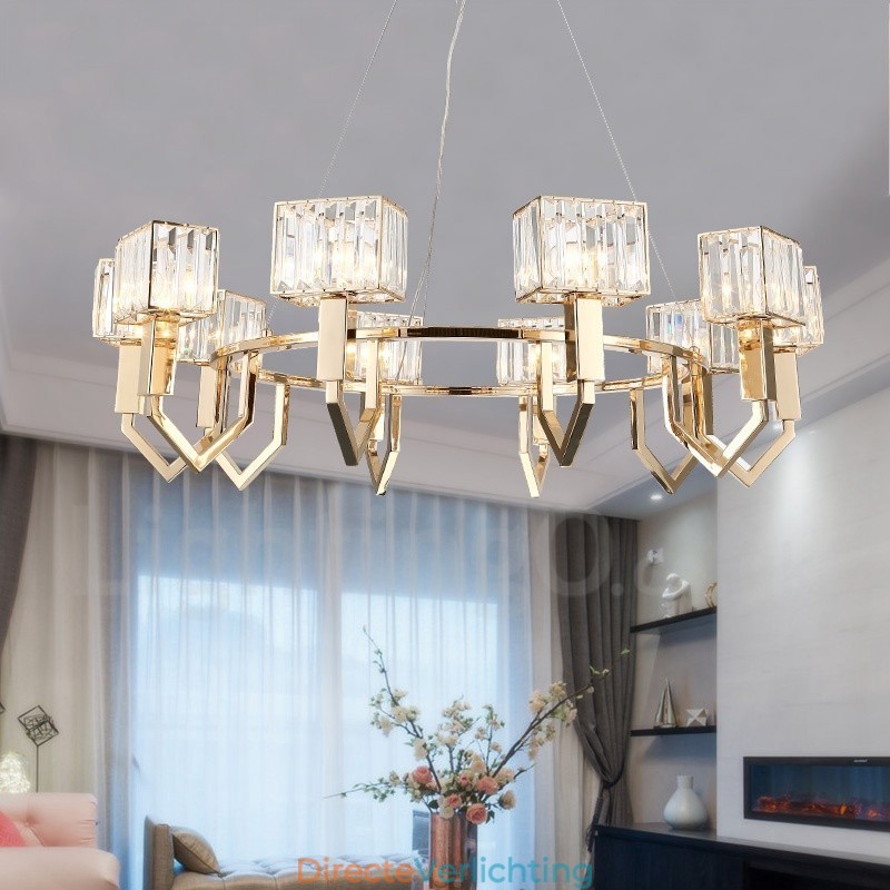 Moderne, eigentijdse hanglamp van staal met 10 lampen en kristallen kap