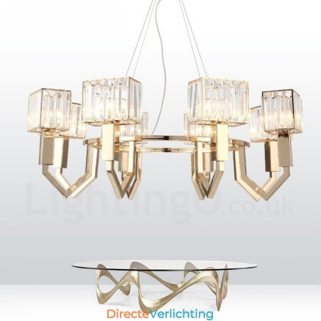Moderne, eigentijdse hanglamp van staal met 8 lampen en kristallen kap Moderne, eigentijdse hanglamp van staal met 8 lampen en kristallen kap