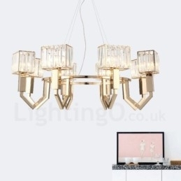 Moderne, eigentijdse hanglamp van staal met 8 lampen en kristallen kap