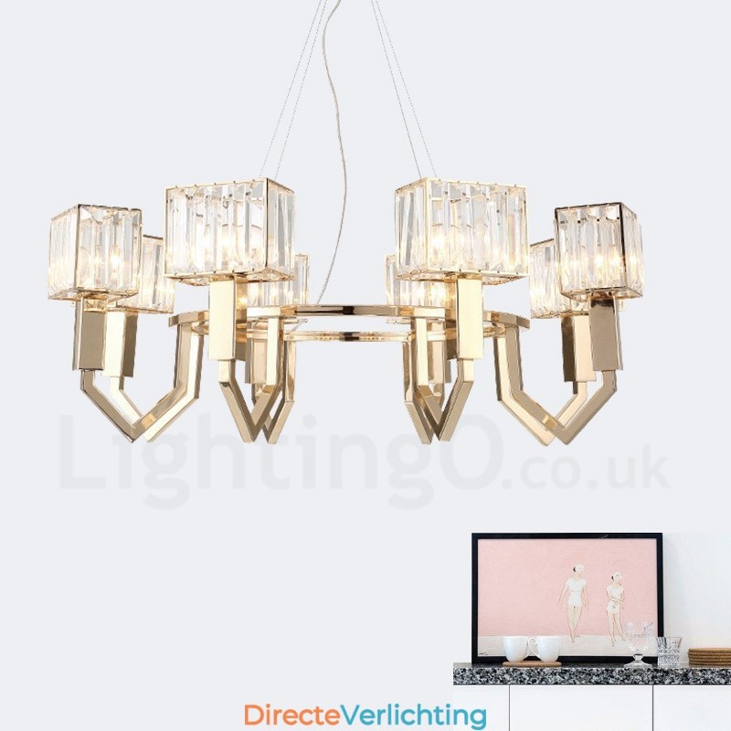 Moderne, eigentijdse hanglamp van staal met 8 lampen en kristallen kap