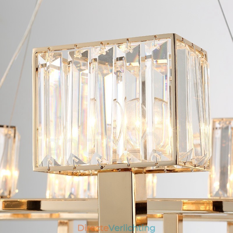 Moderne, eigentijdse hanglamp van staal met 6 lampen en kristallen kap