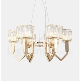 Moderne, eigentijdse hanglamp van staal met 6 lampen en kristallen kap