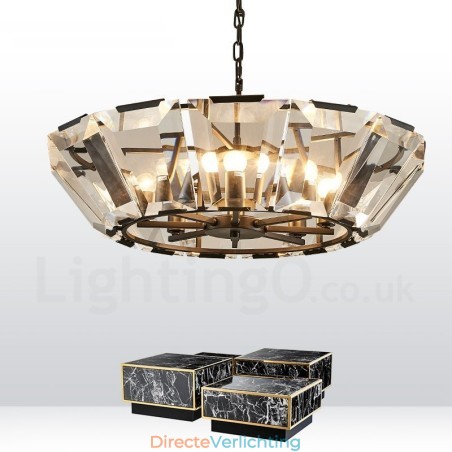 Moderne, eigentijdse hanglamp van staal met 8 lampen en kap van kristalglas Moderne, eigentijdse hanglamp van staal met 8 lampen en kap van kristalglas