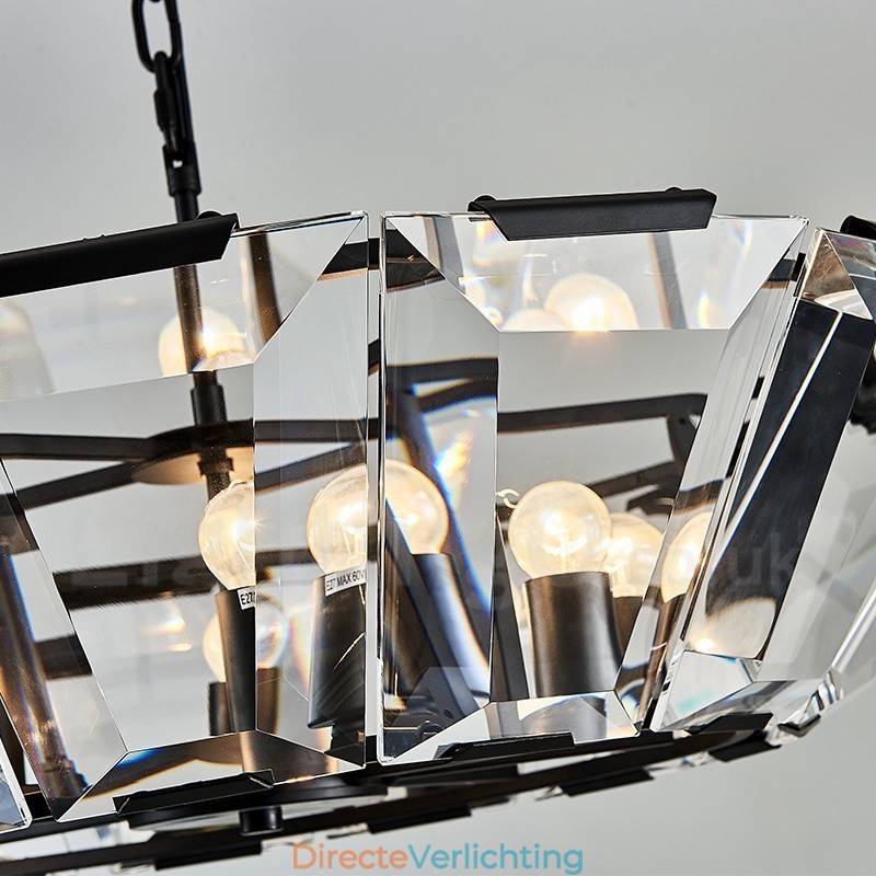 Moderne, eigentijdse hanglamp van staal met 8 lampen en kap van kristalglas