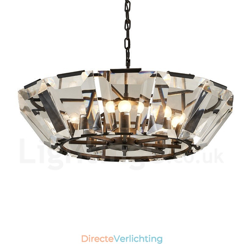 Moderne, eigentijdse hanglamp van staal met 8 lampen en kap van kristalglas