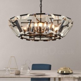 Moderne, eigentijdse hanglamp van staal met 8 lampen en kap van kristalglas