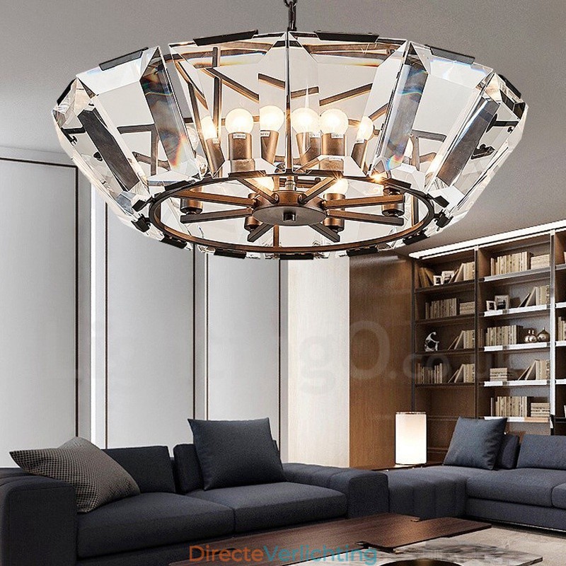 Moderne, eigentijdse hanglamp van staal met 8 lampen en kap van kristalglas