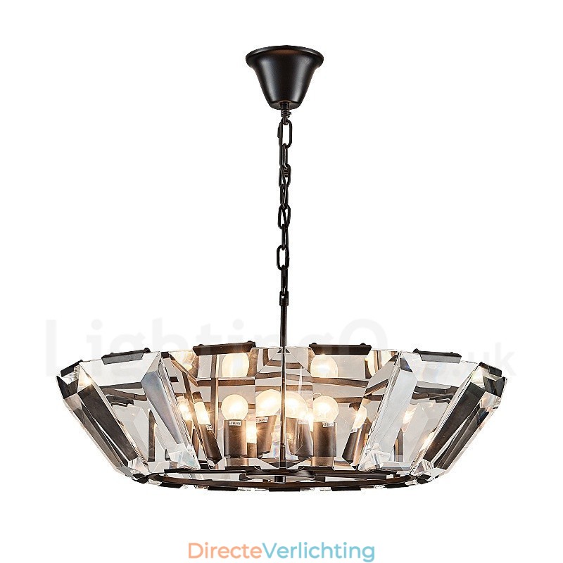 Moderne, eigentijdse hanglamp van staal met 8 lampen en kap van kristalglas