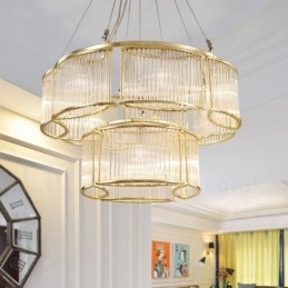 Moderne, eigentijdse hanglamp van staal met 11 lampen en kap van kristalglas