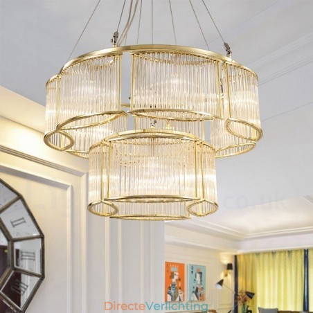 Moderne, eigentijdse hanglamp van staal met 11 lampen en kap van kristalglas Moderne, eigentijdse hanglamp van staal met 11 lampen en kap van kristalglas