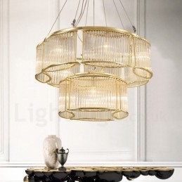 Moderne, eigentijdse hanglamp van staal met 11 lampen en kap van kristalglas