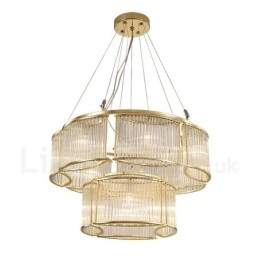 Moderne, eigentijdse hanglamp van staal met 11 lampen en kap van kristalglas