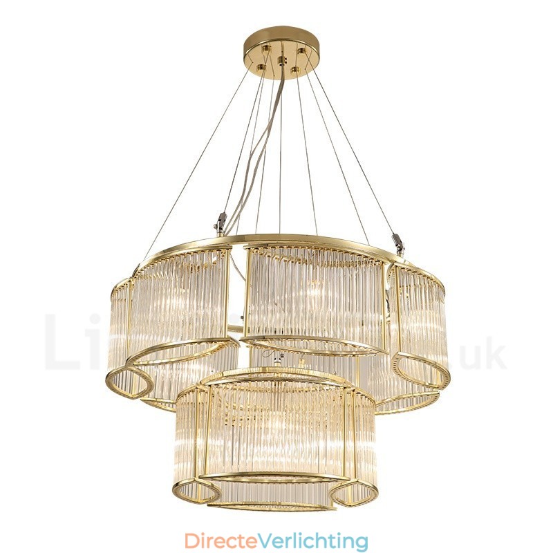 Moderne, eigentijdse hanglamp van staal met 11 lampen en kap van kristalglas