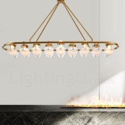Moderne, eigentijdse 9-lichts hanglamp van messing met glazen kap