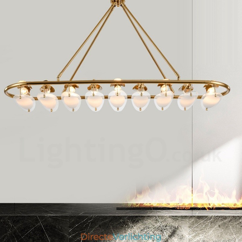 Moderne, eigentijdse 9-lichts hanglamp van messing met glazen kap