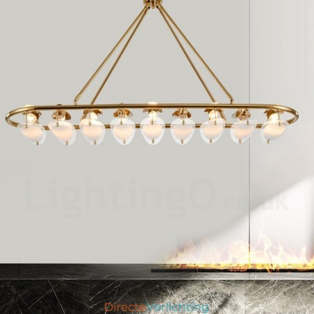 Moderne, eigentijdse 9-lichts hanglamp van messing met glazen kap Moderne, eigentijdse 9-lichts hanglamp van messing met glazen kap