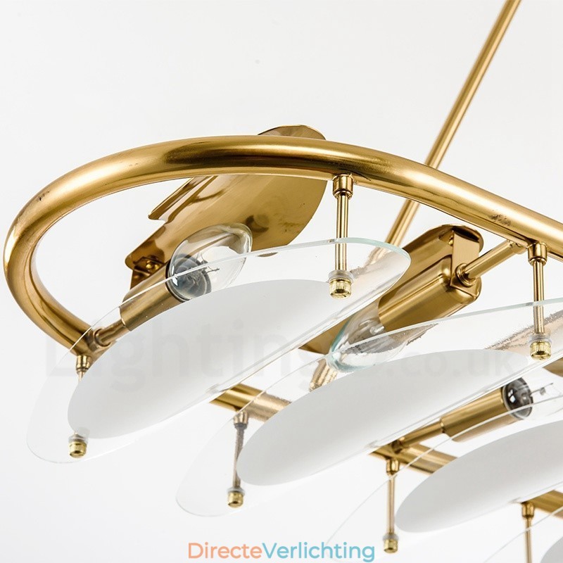 Moderne, eigentijdse 9-lichts hanglamp van messing met glazen kap