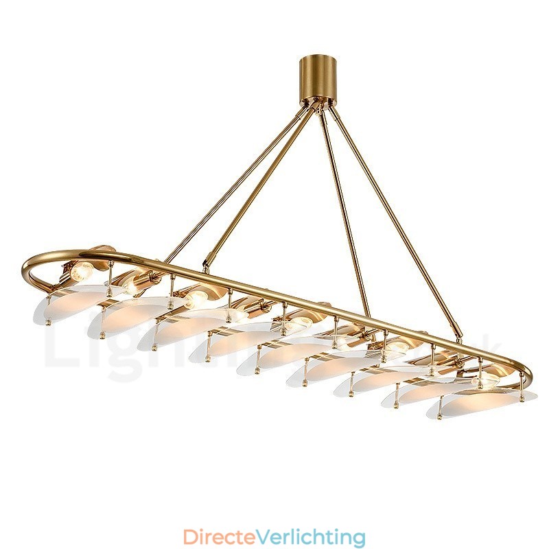 Moderne, eigentijdse 9-lichts hanglamp van messing met glazen kap